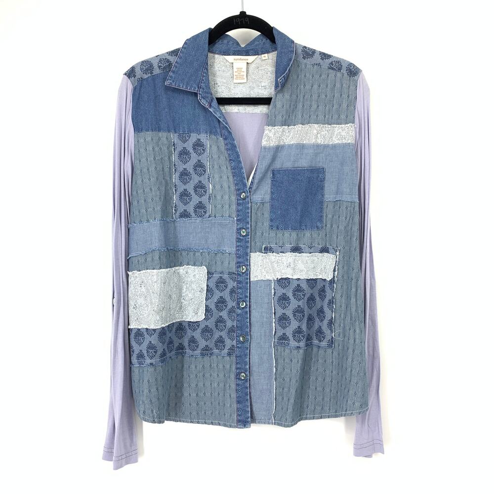 Sundance Top Womens XL Blue Purple Patchwork Mixed Media Lace Embroidery Frayed